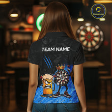 Load image into Gallery viewer, Woman wearing personalized blue funny crown dartboard beer darts team jersey polo shirt featuring crown dartboard beer artwork, back view.