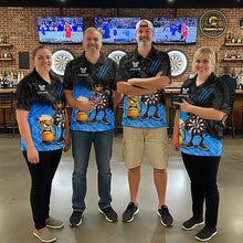Load image into Gallery viewer, Man wearing personalized blue funny crown dartboard beer darts team jersey quarter zip shirt featuring crown dartboard beer artwork, front view.