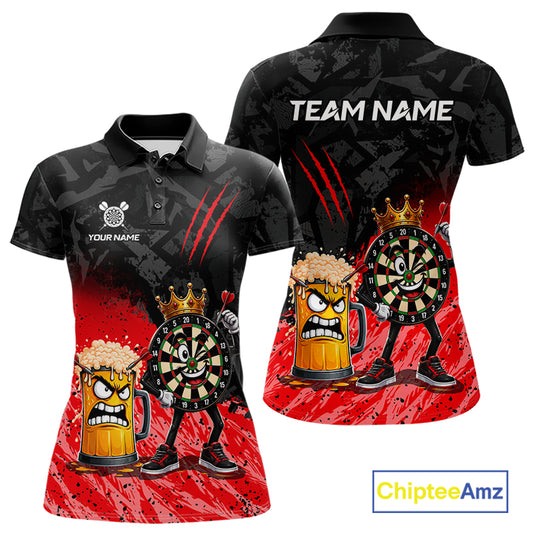 Personalized red funny crown dartboard beer darts team jersey polo shirt for women featuring a crown dartboard and beer design, premium custom darts league apparel.