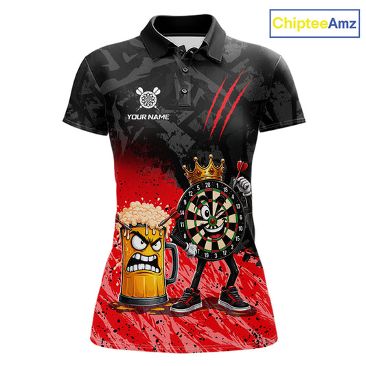 Personalized red funny crown dartboard beer darts team jersey polo shirt for women featuring a crown dartboard and beer design, premium custom darts league apparel.