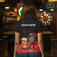 Load image into Gallery viewer, Woman wearing personalized red funny crown dartboard beer darts team jersey polo shirt featuring crown dartboard beer artwork, back view.