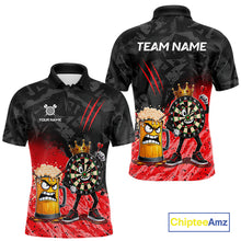 Load image into Gallery viewer, Personalized red funny crown dartboard beer darts team jersey polo shirt for men featuring a crown dartboard and beer design, premium custom darts league apparel.