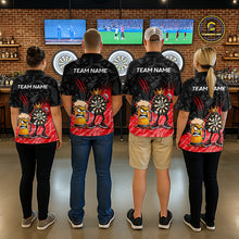 Load image into Gallery viewer, Darts team wearing matching personalized red funny crown dartboard beer darts team jerseys, front view.