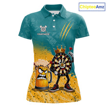 Load image into Gallery viewer, Personalized teal and yellow funny crown dartboard beer darts team jersey polo shirt for women featuring a crown dartboard and beer design, premium custom darts league apparel.