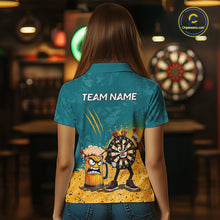 Load image into Gallery viewer, Woman wearing personalized teal and yellow funny crown dartboard beer darts team jersey polo shirt featuring crown dartboard beer artwork, back view.