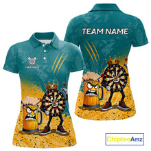 Load image into Gallery viewer, Personalized teal and yellow funny crown dartboard beer darts team jersey polo shirt for women featuring a crown dartboard and beer design, premium custom darts league apparel.