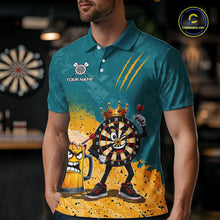 Load image into Gallery viewer, Man wearing personalized teal and yellow funny crown dartboard beer darts team jersey polo shirt featuring crown dartboard beer artwork, front view.