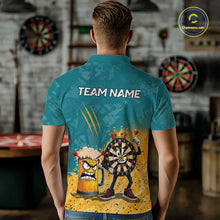 Load image into Gallery viewer, Man wearing personalized teal and yellow funny crown dartboard beer darts team jersey polo shirt featuring crown dartboard beer artwork, back view.
