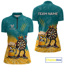 Load image into Gallery viewer, Personalized teal and yellow funny crown dartboard beer darts team jersey quarter zip shirt for women featuring funny crown dartboard beer artwork, premium custom darts apparel.