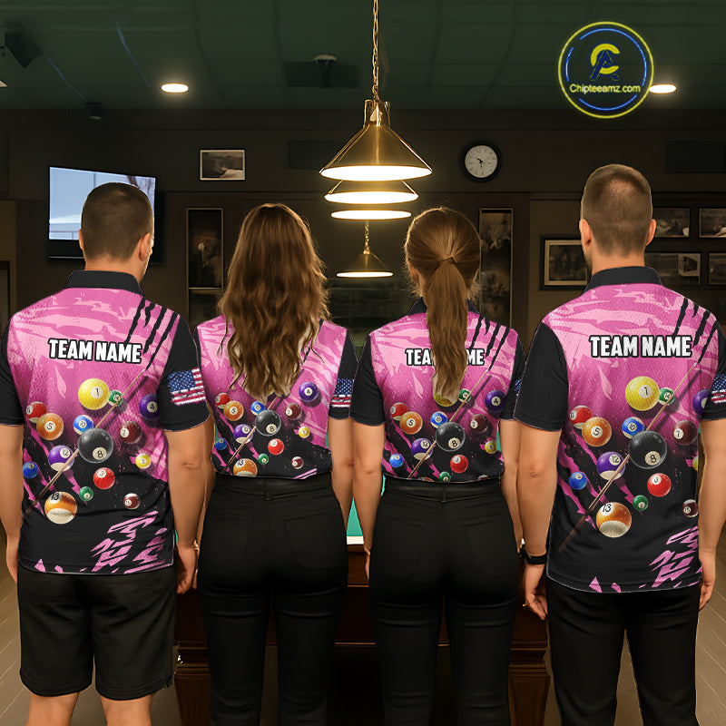 Personalized Pink Black Billiard Shirt For Men Custom 8 Ball Pool Billiard Jersey Polo & 1/4 Zip TDM5472