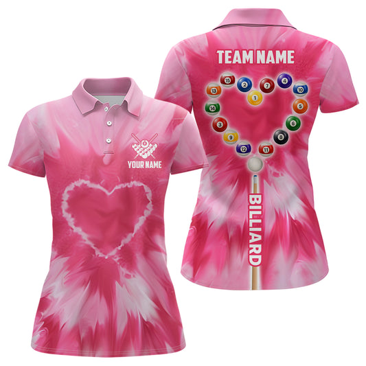 Personalized Pink Tie Dye With Heart Billiard Women Polo Shirts, Billiard Valentines Day Shirts Gifts TDM0924