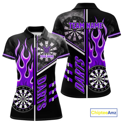 Black And Purple Flaming Smoke Darts Shirt For Women Custom Darts Jersey Team Polo & 1/4 Zip TDM6096