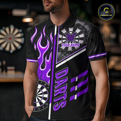 Black And Purple Flaming Smoke Darts Shirt For Men Custom Darts Jersey Team Polo & 1/4 Zip TDM6096