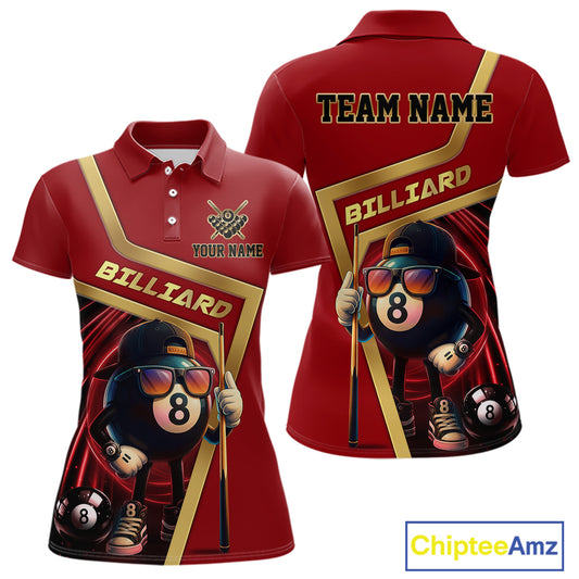 Red Funny 8 Ball Pool Billiard Shirt For Women Custom Gold Billiard Team Jersey Polo & 1/4 Zip TDM6354