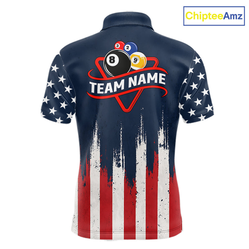 American flag 8 ball and 9 ball pool billiard team jersey polo shirt for men featuring patriotic USA artwork, premium custom billiard team apparel for league play and tournaments.