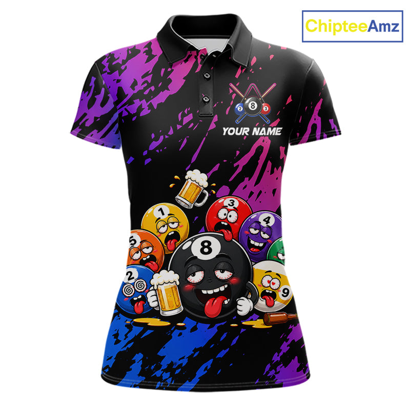Custom blue and purple drunk pool balls funny beer billiard team jersey polo shirt for women featuring funny beer and pool balls artwork, premium custom pool league apparel.