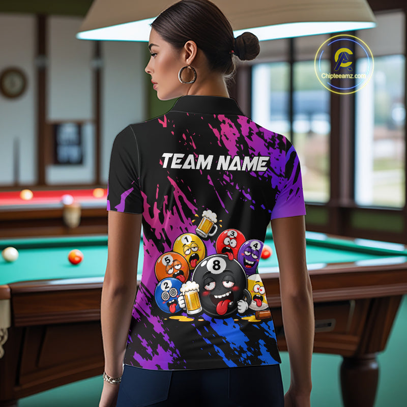 Woman wearing custom blue and purple drunk pool balls funny beer billiard team jersey polo shirt, back view.
