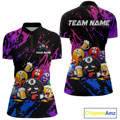 Custom blue and purple drunk pool balls funny beer billiard team jersey quarter zip shirt for women featuring colorful beer and pool balls graphics, premium custom billiard apparel.