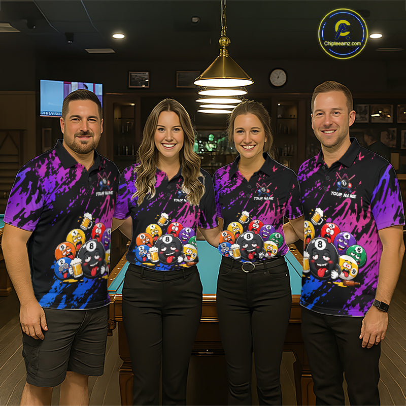 Man wearing custom blue and purple drunk pool balls funny beer billiard team jersey quarter zip shirt, front view.