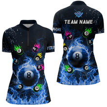 Load image into Gallery viewer, Personalized Colorful 8 Ball Fire 3D Women Polo &amp; 1/4 Zip Shirts, Team League Billiard Jerseys |Blue TDM2767