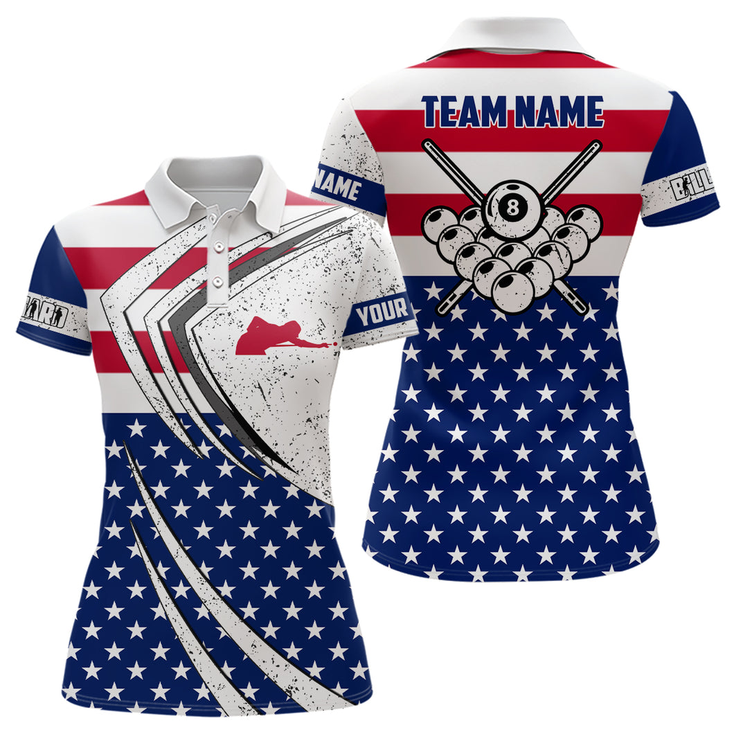 Personalized Billiard Balls American Flag Women Polo Shirts Custom Patriotic Billiard Player Outfit TDM0598