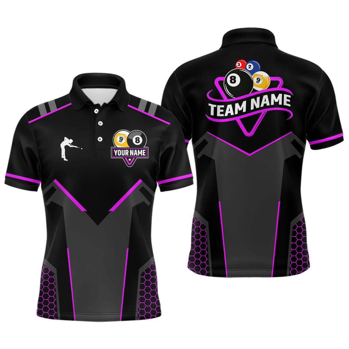 Personalized Billiard 8 Ball & 9 Ball Pool Polo, 1/4 Zip For Men Custom Team Billiard Jersey|Purple TDM3582