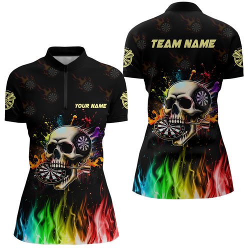Funny 3D Darts Skull Colorful Fire Darts Women Quarter-Zip Shirts Custom Dart Team Jerseys TDM1261
