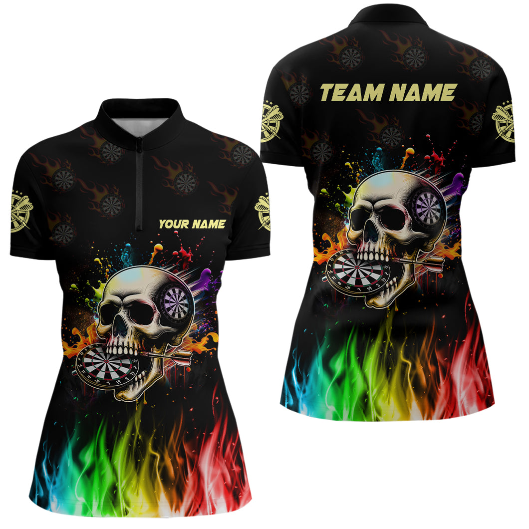 Funny 3D Darts Skull Colorful Fire Darts Women Quarter-Zip Shirts Custom Dart Team Jerseys TDM1261