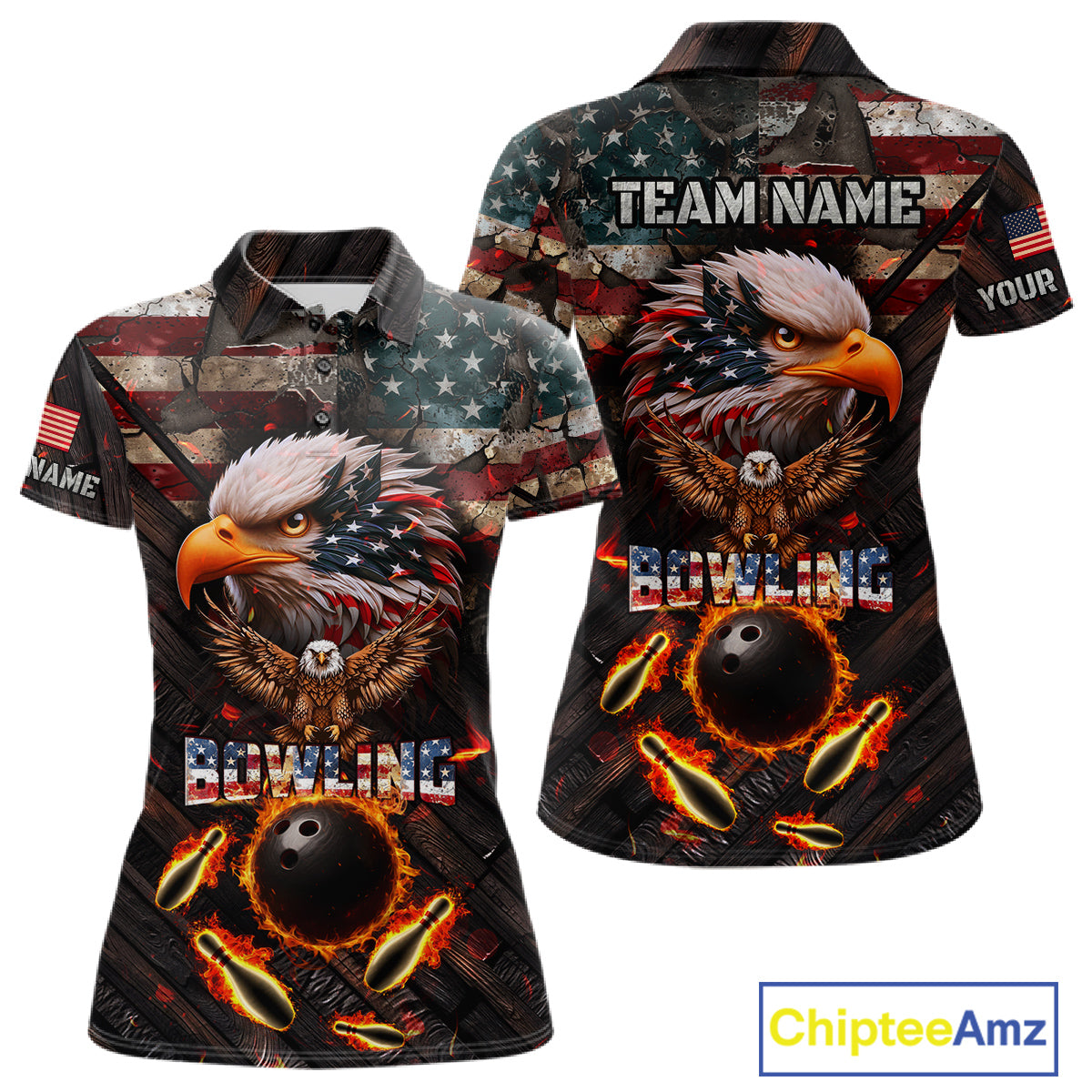 Vintage American Flag Bowling Shirt For Women Custom Eagle Bowling Team Jersey Polo & 1/4 Zip TDM6107
