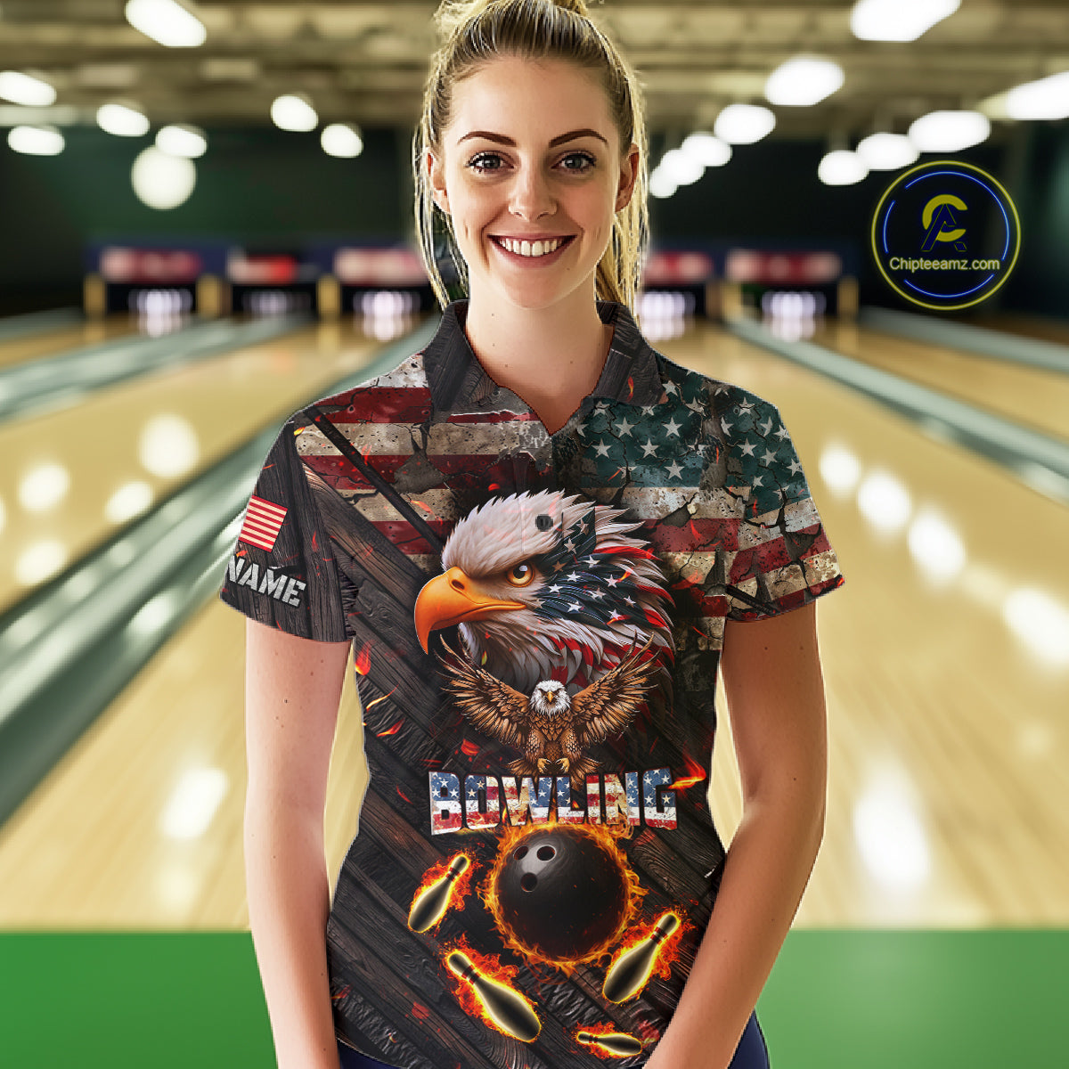 Vintage American Flag Bowling Shirt For Women Custom Eagle Bowling Team Jersey Polo & 1/4 Zip TDM6107