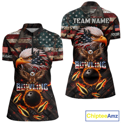 Vintage American Flag Bowling Shirt For Women Custom Eagle Bowling Team Jersey Polo & 1/4 Zip TDM6107