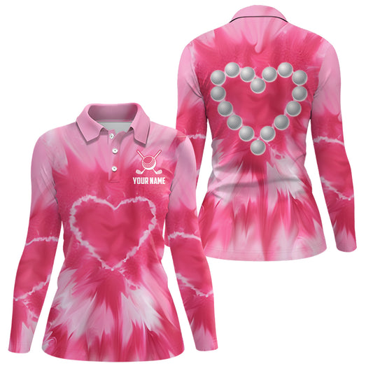 Pink Tie Dye Womens Golf Polo Shirt Custom Golf Ball With Heart Golf Outfit For Ladies, Golfing Gifts TDM1839
