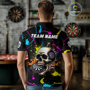 Personalized Funny Skull Colorful Paint Dart Shirt For Men Custom Darts Team Jersey Polo & 1/4 Zip TDM4213