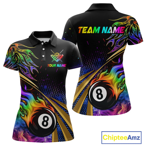 Personalized Colorful Flame 8 Ball Billiard Shirt For Women Custom Pool Team Jerseys Polo & 1/4 Zip TDM4214