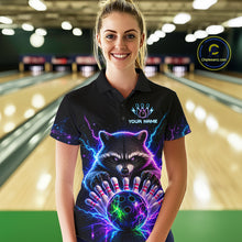 Load image into Gallery viewer, Woman wearing a neon raccoon bowling polo shirt at a bowling alley front view.