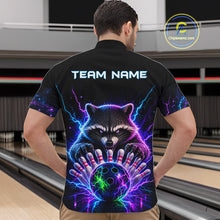 Load image into Gallery viewer, Back view of man wearing a neon raccoon bowling quarter zip shirt in a bowling alley.