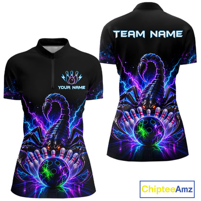 Neon scorpion bowling quarter zip shirt for women designed for league tournaments and team events.