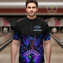 Load image into Gallery viewer, Man wearing a neon dragon bowling quarter zip jersey during league competition front view.