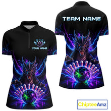 Load image into Gallery viewer, Neon dragon bowling quarter zip shirt for women designed for league tournaments and team events.