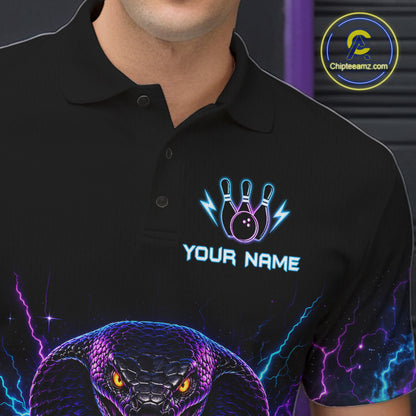 Close-up of a neon cobra bowling polo shirt collar, buttons, and cobra artwork details.