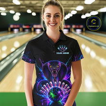 Load image into Gallery viewer, Woman wearing a neon cobra bowling polo shirt at a bowling alley front view.