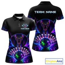 Load image into Gallery viewer, Neon cobra bowling polo shirt for women with custom bowling team graphics.