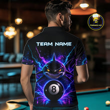 Load image into Gallery viewer, Back view of man wearing a neon shark 8 ball pool shirt in a billiards hall.