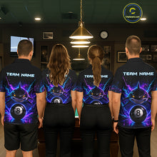 Load image into Gallery viewer, Back view of pool players wearing matching neon shark billiard shirts in a game room.