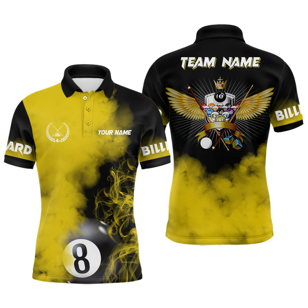 Personalized Billiard Wings Yellow Smoke 3D Shirts For Men Custom 8 Ball Pool Polo Shirts TDM0380