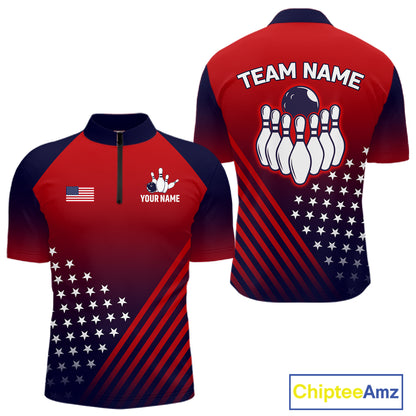 American Flag Bowling Jersey For Men, Custom Patriotic Bowling League Team Shirts Polo & 1/4 Zip TDM6544