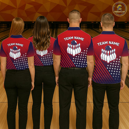 American Flag Bowling Jersey For Men, Custom Patriotic Bowling League Team Shirts Polo & 1/4 Zip TDM6544