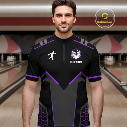 Personalized Bowling Jersey For Men, Custom Black And Purple Bowling Team Shirt Polo & 1/4 Zip TDM6547