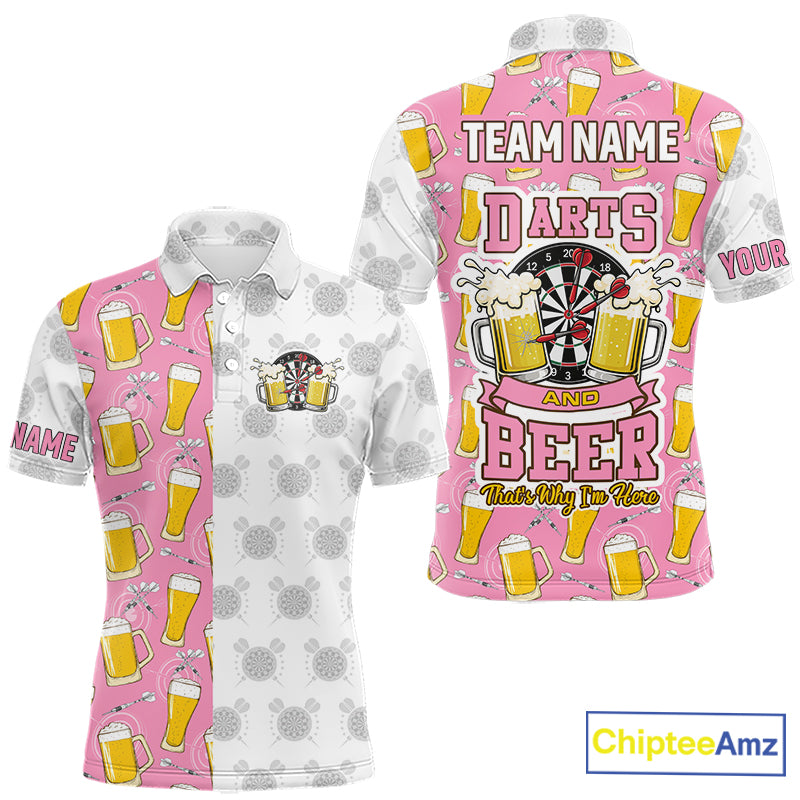 Pink and white darts and beer darts polo shirt for men with custom darts team graphics.