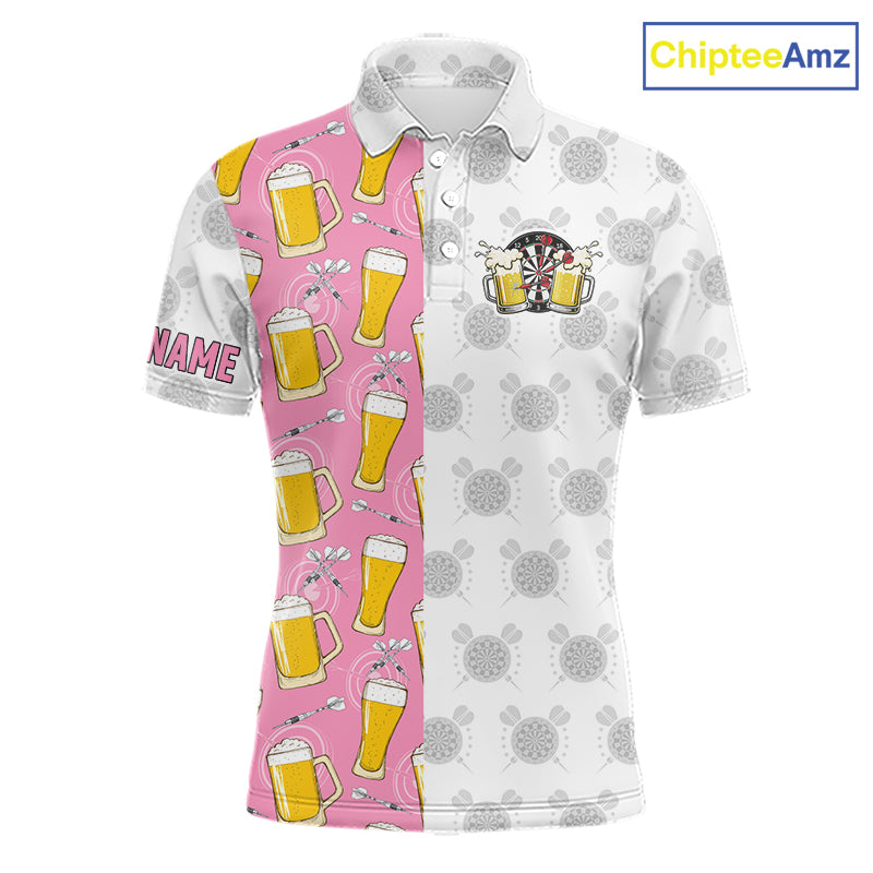 Pink and white darts and beer darts polo shirt for men with custom darts team graphics.
